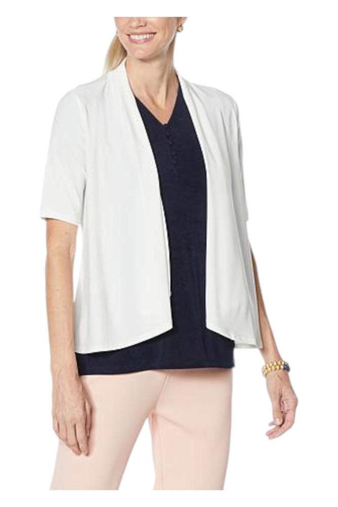 Nina Leonard Elbow-Sleeve Drape-Front Bolero Ivory