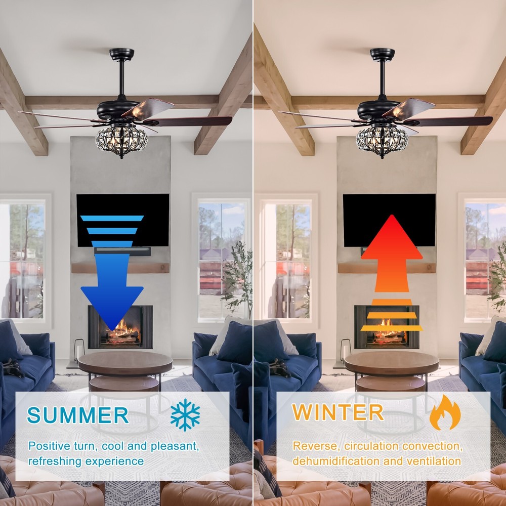 52'' Crystal Shade Ceiling Fan Lamp With Remote Control 3 Speed