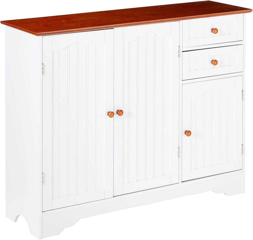 Elegant White/Walnut Kitchen Pantry Sideboard Buffet Storage Cabinet