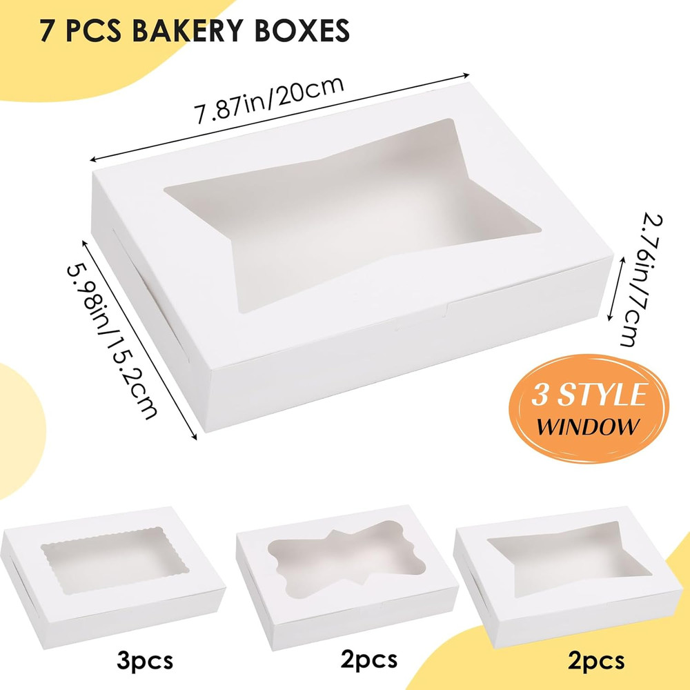 7pcs Cookie Boxes, 12x8x2.5 Inches White Bakery Boxes with 3 Style Window for Ch