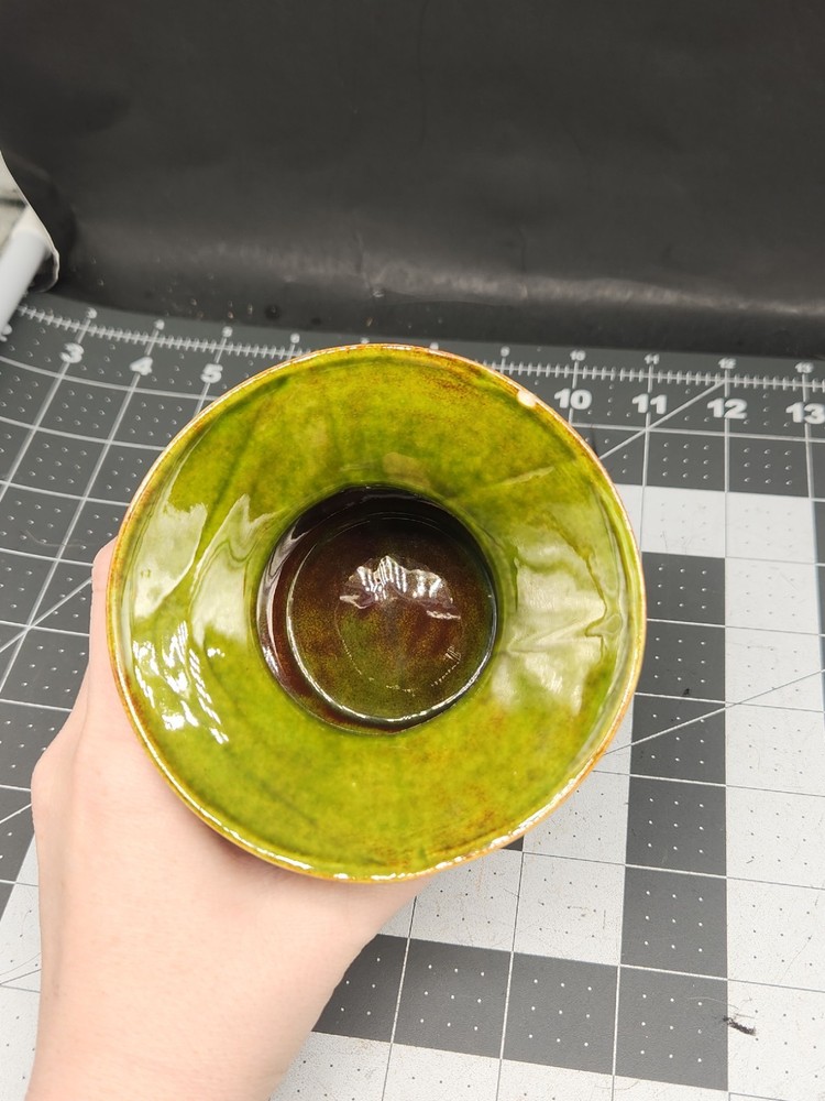 MCM Small Glass Spitoon Shaped Planter, Signed By Mary Fields 1973