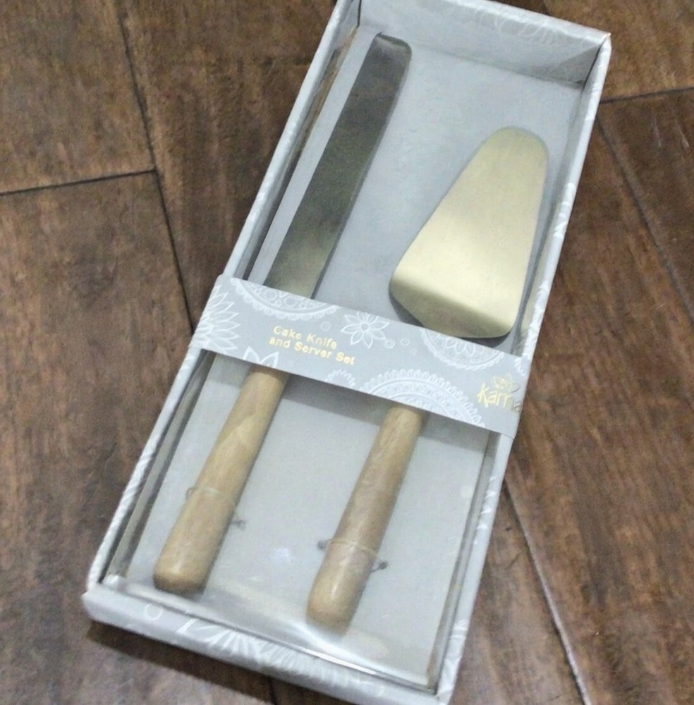 Karma Cake Knife and Server Set wooden handle brushed silver