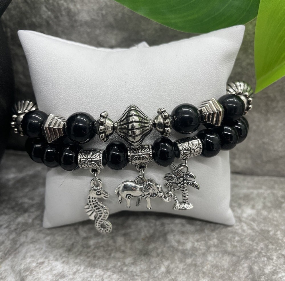2 PC Handmade Boho  Beaded Stackable 6.5” Plus Stretch Bracelet Set New B1237