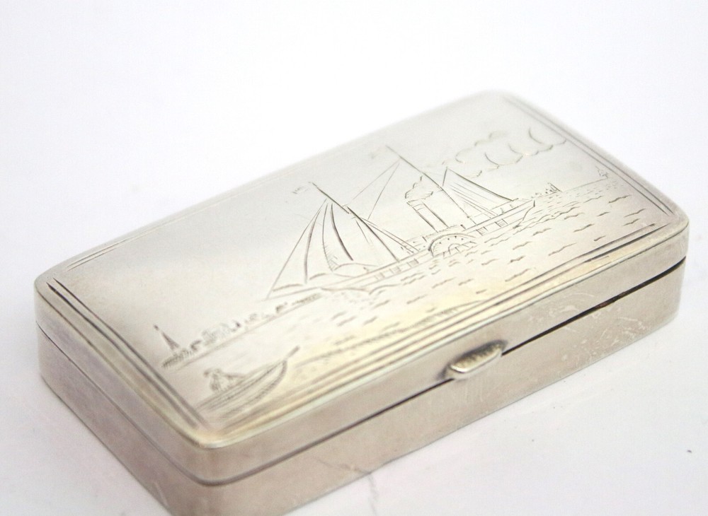 Sterling solid silver stamp box with paddle steamer engraving Elizabeth II