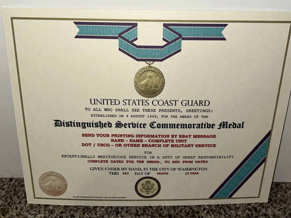 USCG DISTINGUISHED SERVICE MEDAL COMMEMORATIVE CERTIFICATE ~ TYPE-2 w/PRINTING