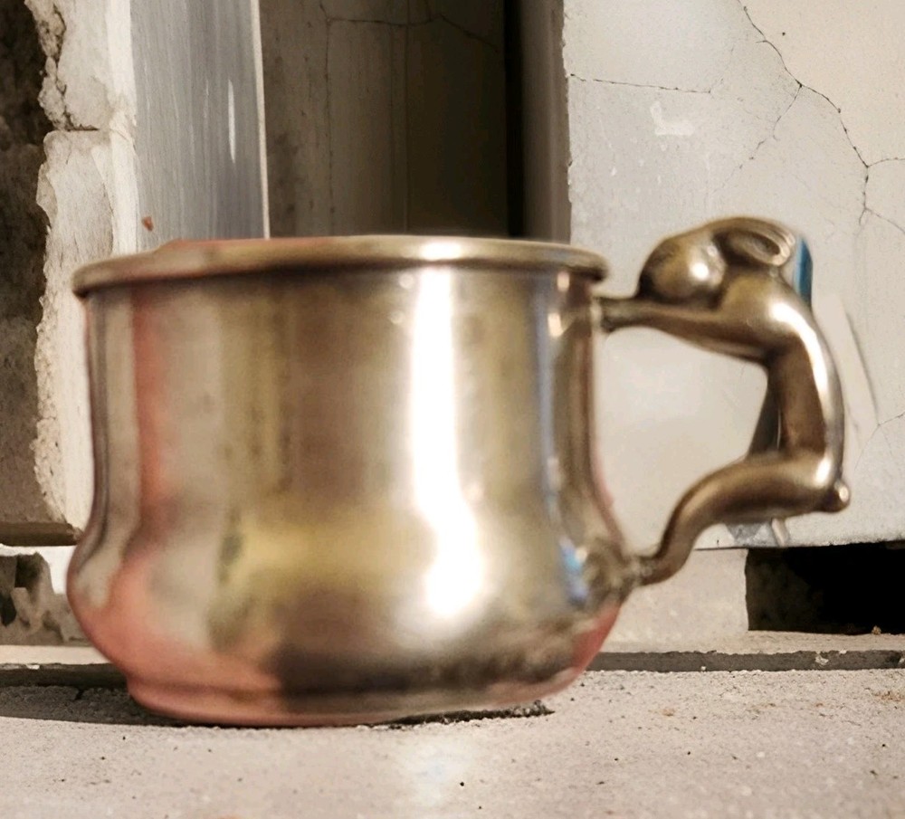 SILVER ON COPPER CHILDS DRINKING CUP W/3 D RABBIT HANDLE MARKS  NAME ROXANN