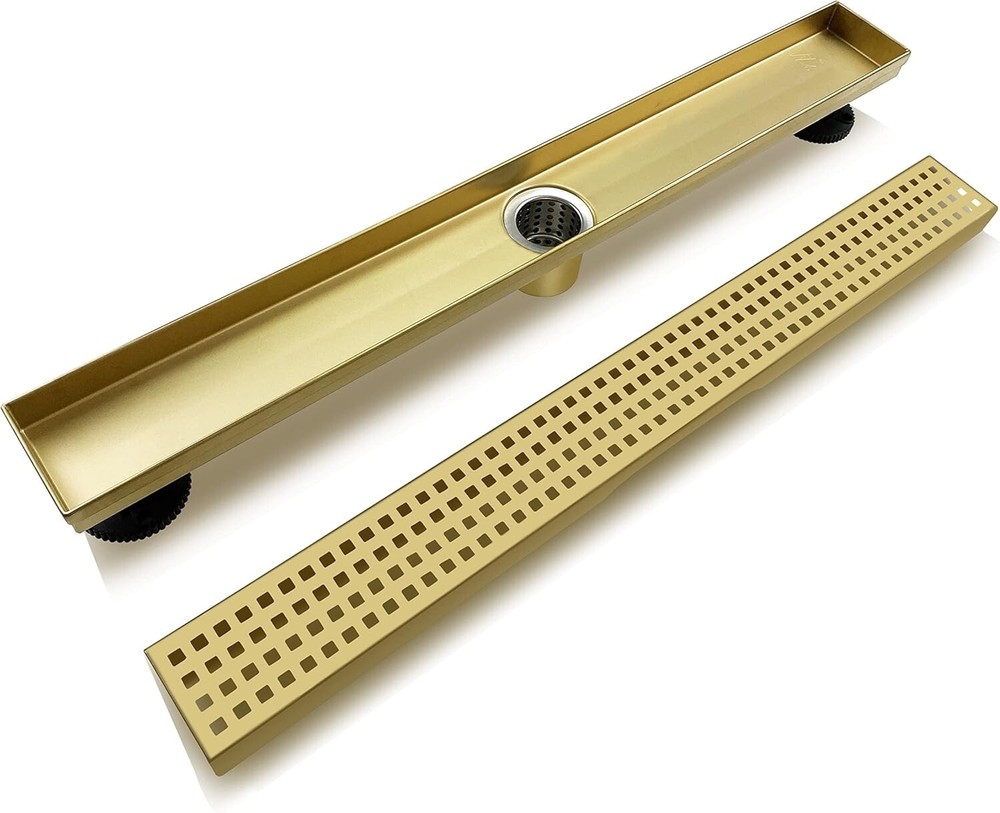 24" Linear Shower Drain, Gold Rectangular Floor Drain with accessories