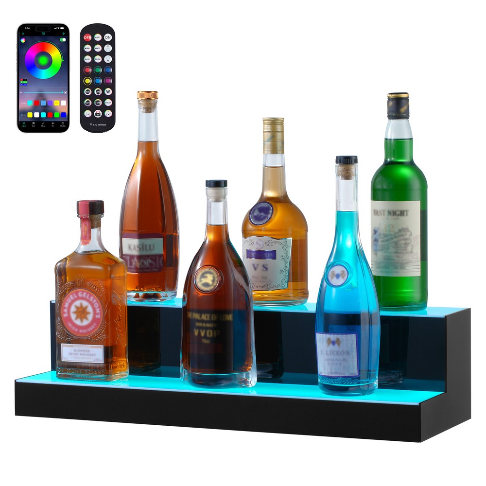 VEVOR 24" 2-Step LED Lighted Liquor Bottle Display Bar Shelf RF & App Control
