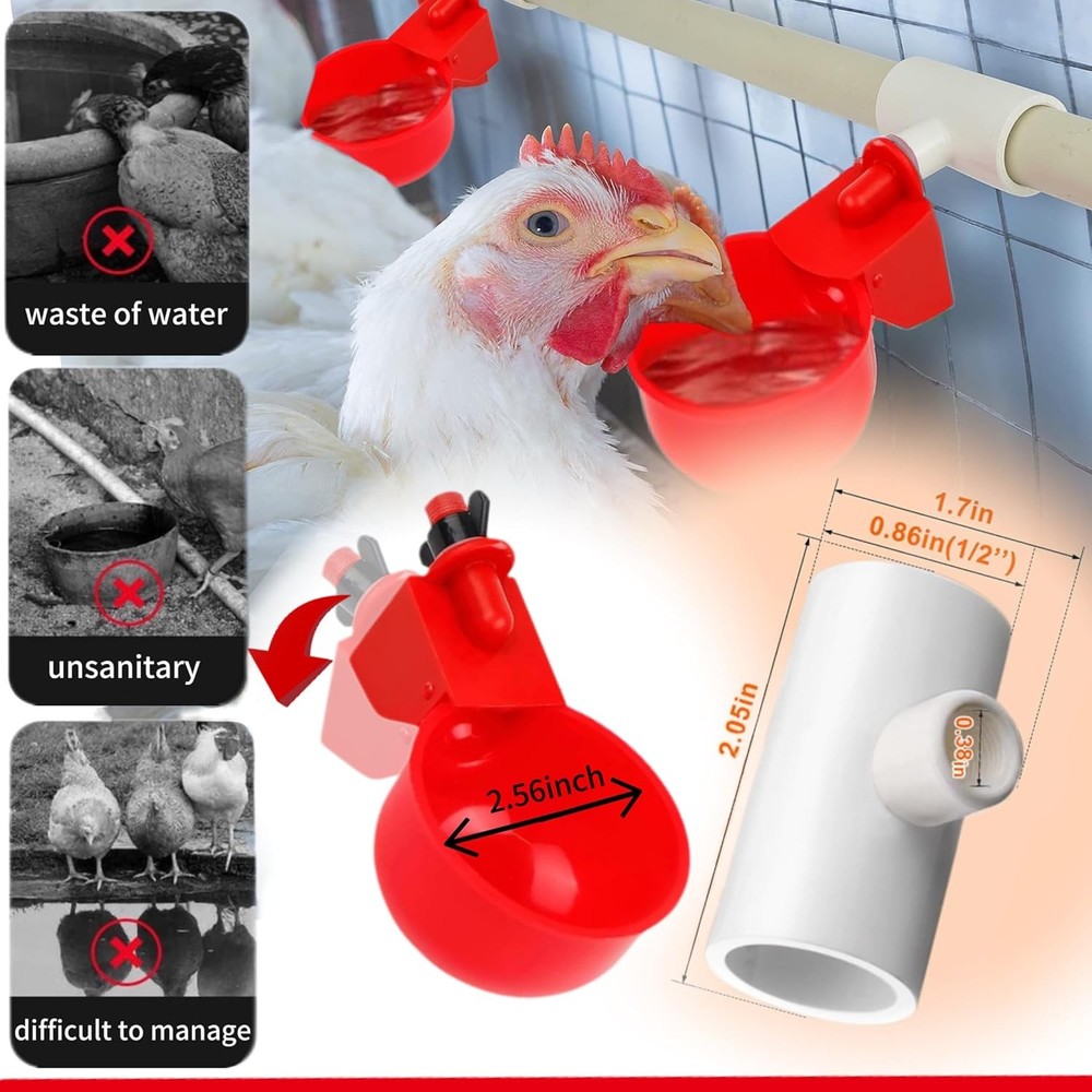 24 Pack Automatic Chicken Waterer Cups Kit, Gravity-Fed Poultry Drinker with PVC