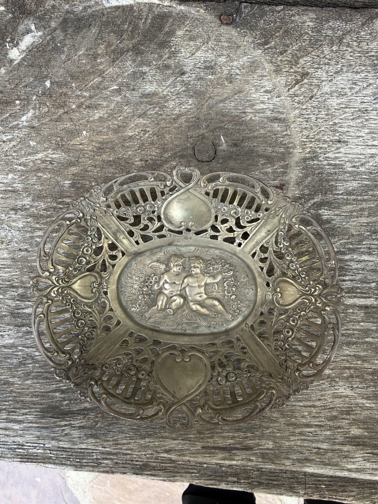 SMALL SILVER CHASED DISH w/ CHERUBS