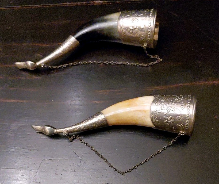 Soviet White Metal Decorated Drinking Cow Horns 21 Cms