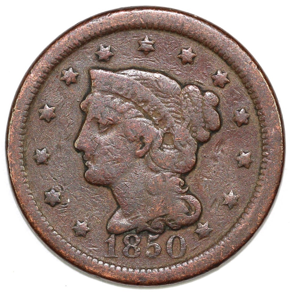 1850 1c Braided Hair Large Cent