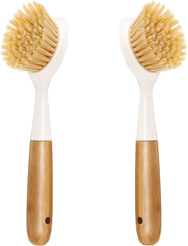 2 Pack Kitchen Dish Brush Bamboo Handle Dish Scrubber Built-in Scraper, Scrub Br