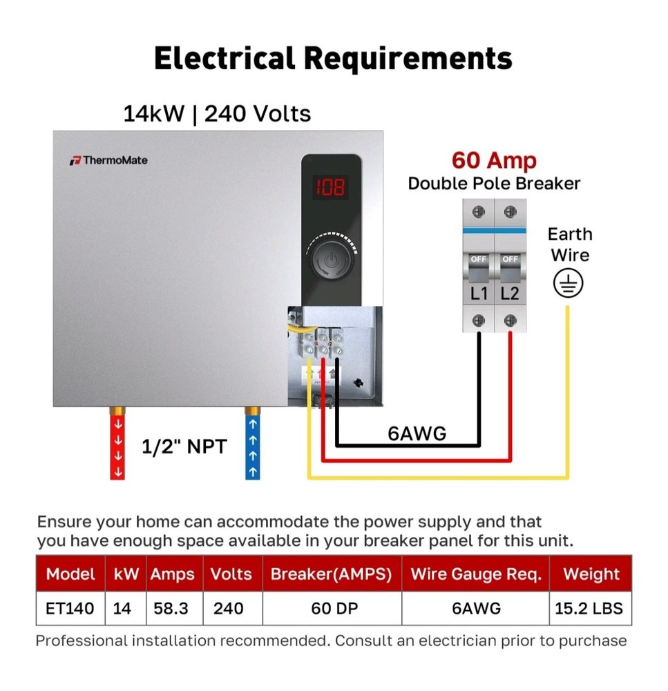 14kW Tankless Water Heater Self-Modulating Electric Instant Hot Boiler Bathroom
