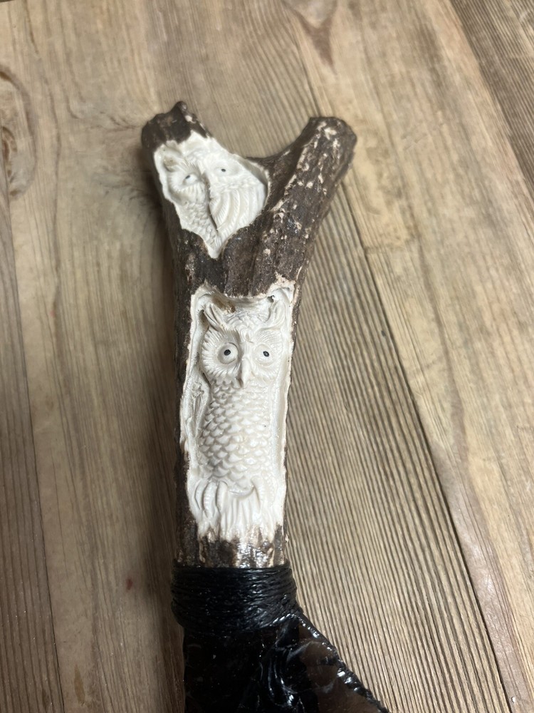 Obsidian Blade With Carved Owl Antler