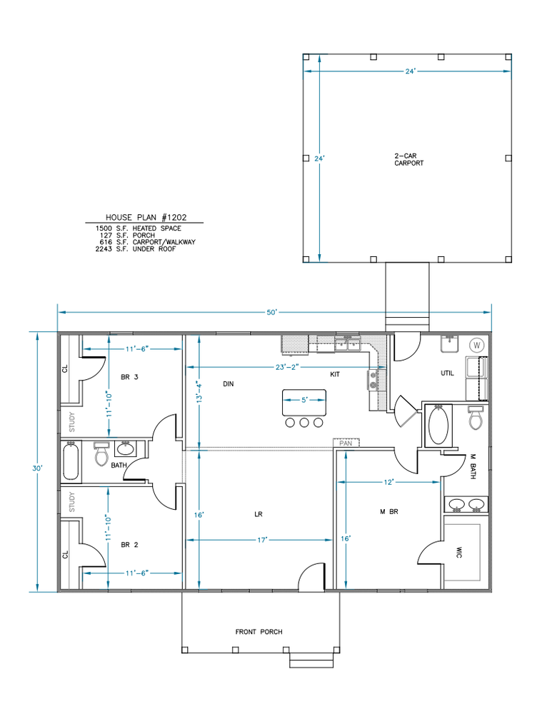 Ranch House Plans 1500 SF 3 Bed 2 Bath Open Floor - Split BR (Blueprints) #1202