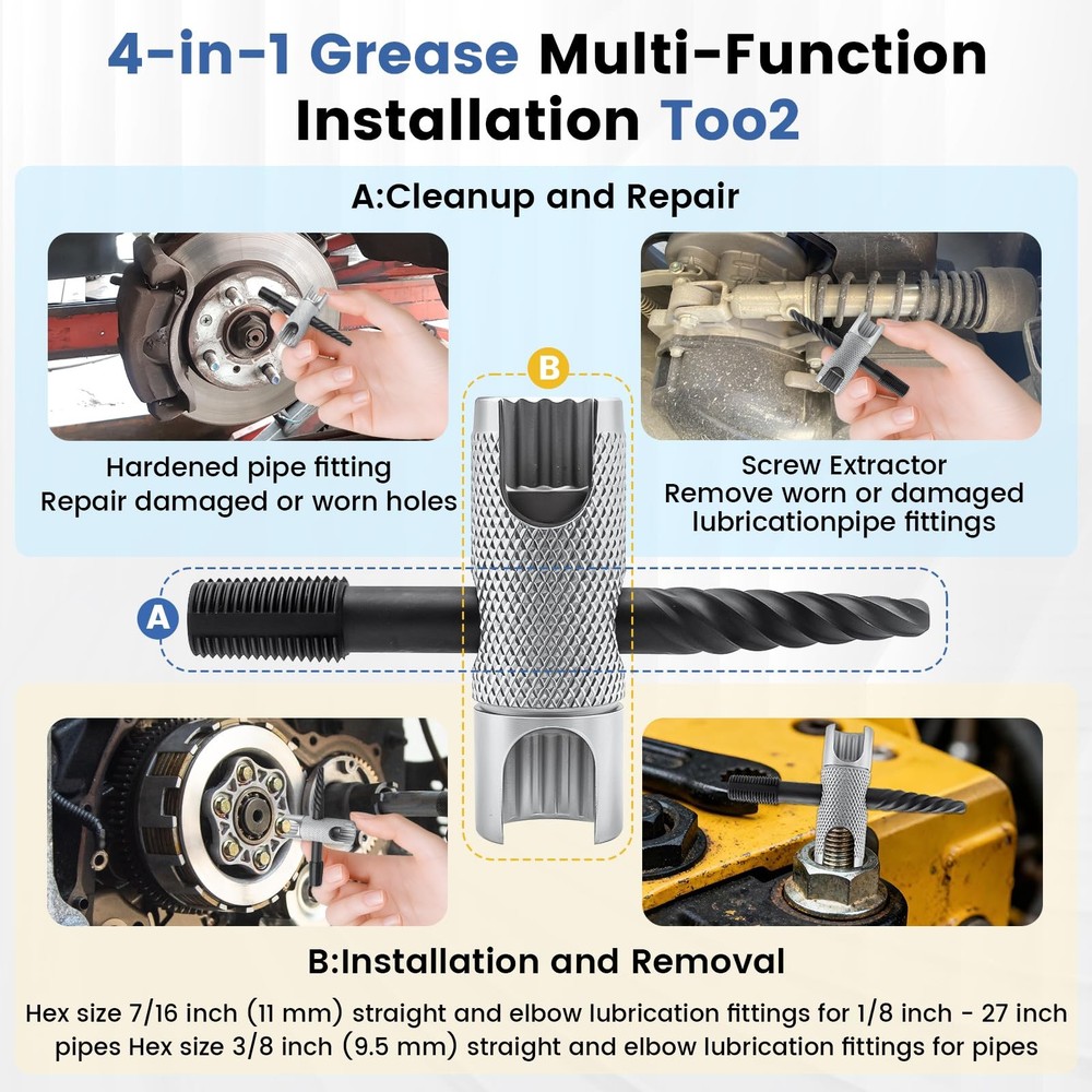 2 Pcs Grease Fitting Tool 4-In-1 Grease Zerk Fitting Tool for Install and Remove