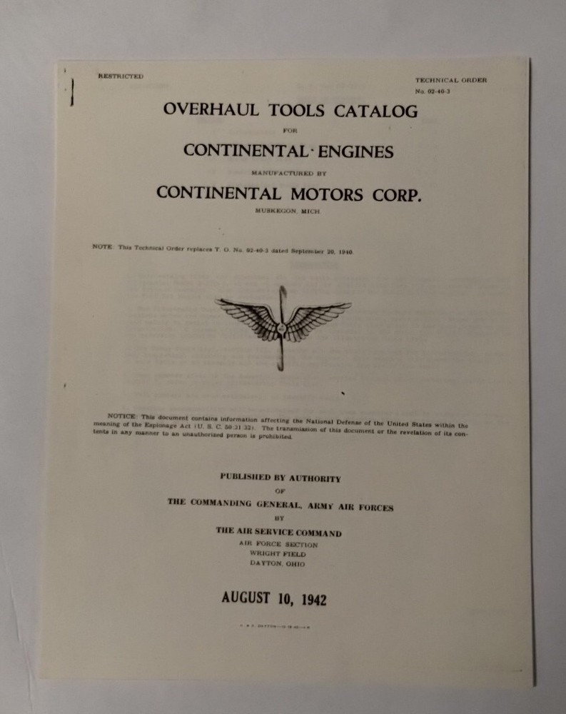 Continental Aircraft Engines Overhaul Tools Catalog August 10, 1942-Copy