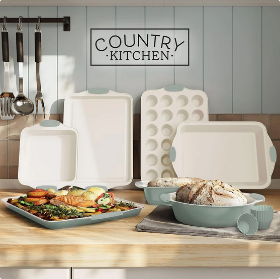 Country Kitchen 22 piece Nonstick Bakeware Set Sage & Cream Heavy Duty Stackable