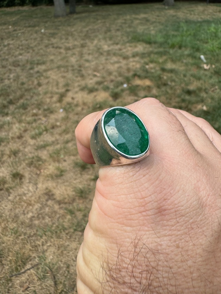 Large 18ct Genuine Emerald Gemstone Mens Real Solid 925 Silver Oval Signet Ring
