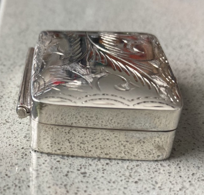 Vintage Engraved Sterling Silver Rectangle Pill Box
