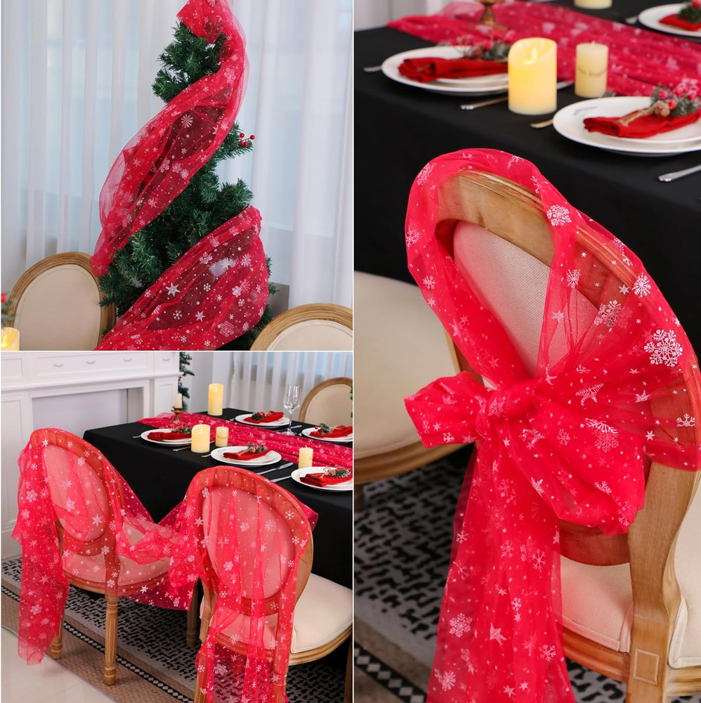 Red Christmas Table Runner, Red and White Snowflakes Cheesecloth Table Runner, C