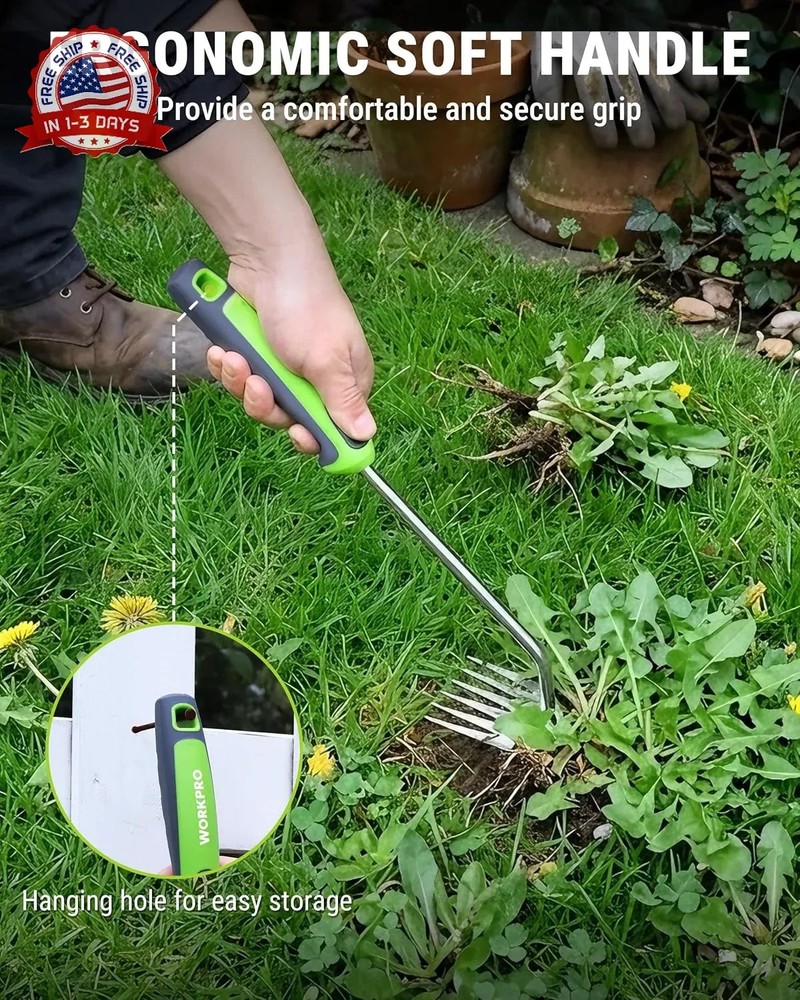 WORKPRO 15-Inch Weed Puller Tool, 6-Tine Heavy Duty Deep Root Remover for Dandel