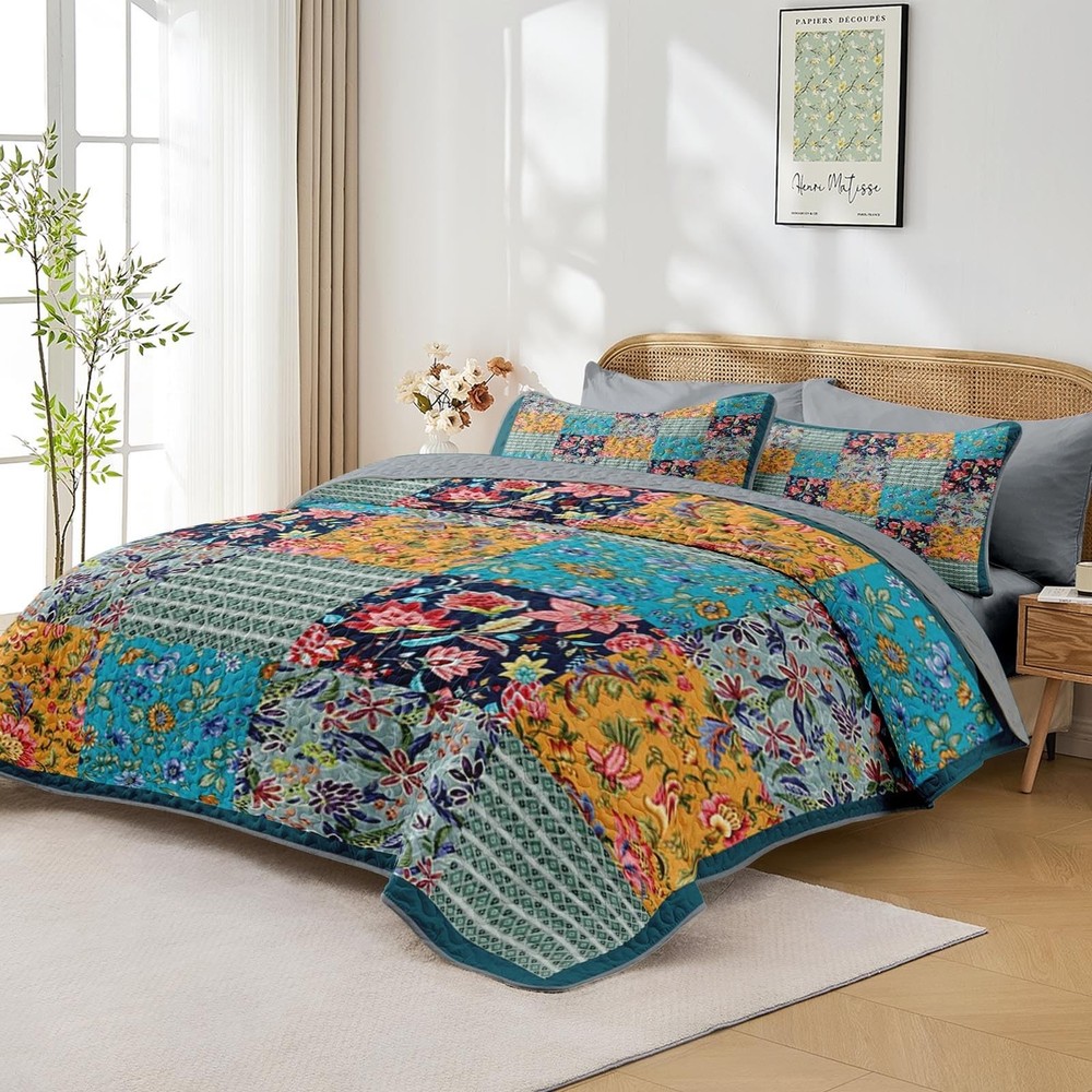 Patchwork Quilt Set Queen Size, Rustic Flowers 3 Pcs Soft Bed Cover Bedding S...