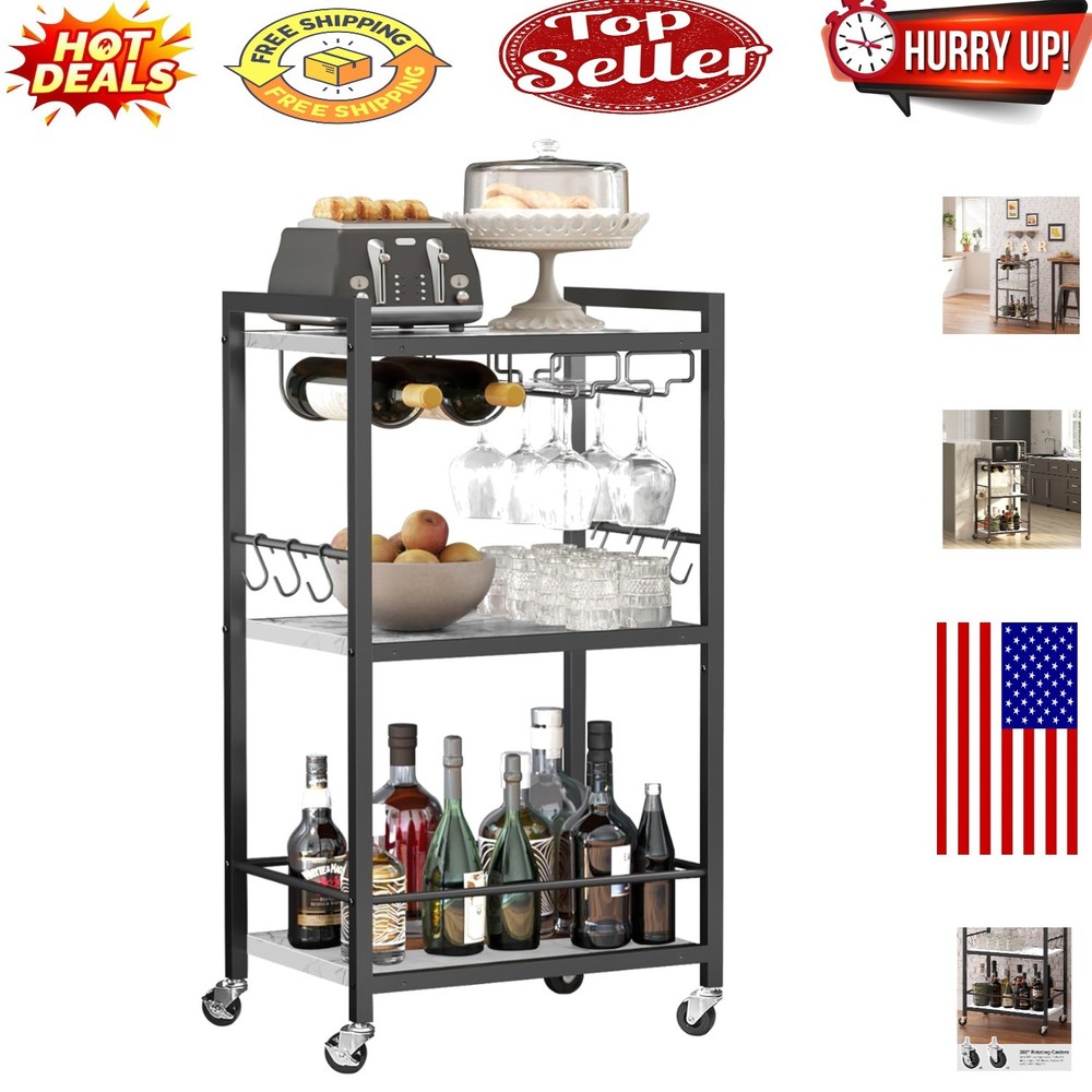 Elegant Marble White Bar Cart with Wine Rack - Stylish Multi-Function Design