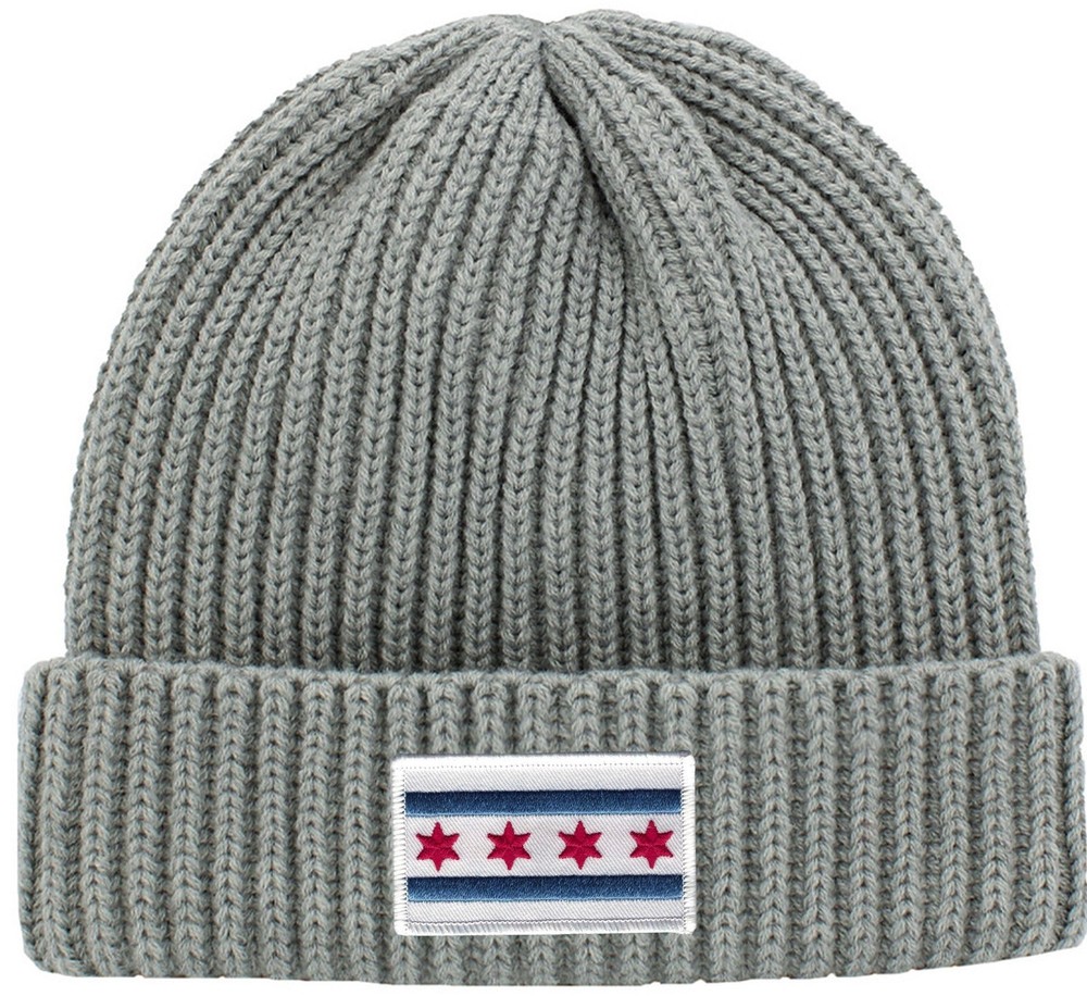 Chicago Flag Patch Cuffed Ribbed Beanie Hat White Border Light Grey