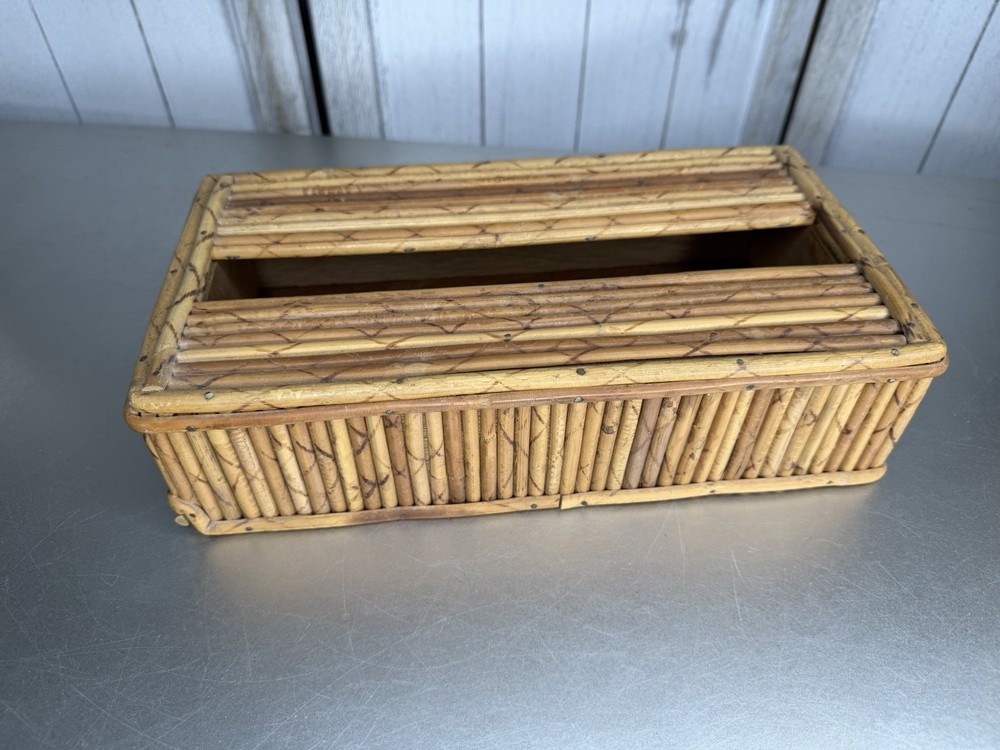 Vintage Rattan Bamboo Rectangle Tissue Box MCM Tikki Boho Decor