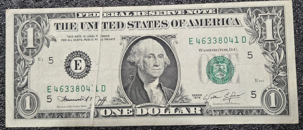 $1 1974 Dollar Bill FRN Gutter Fold Error With Cutting Error On Back Currency