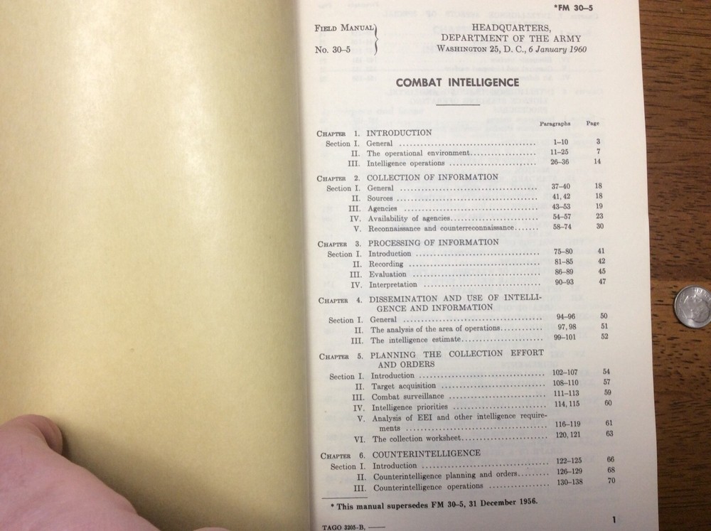 1960 Army Combat Intelligence Book War Department Technical Counterintelligence