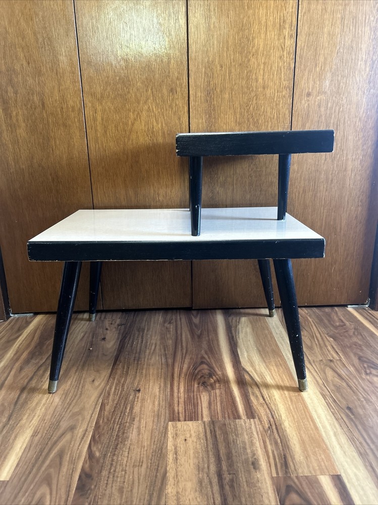 Atomic Era Mid Century Modern Laminate Two-Tier End Table Laminate Step•Brass