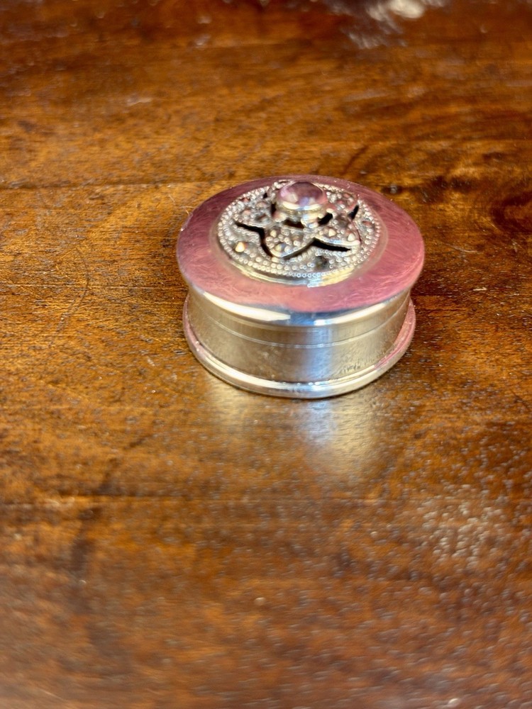 A Pretty London Hallmarked Solid Silver Pill Box Set With Marcasite & Amethyst.