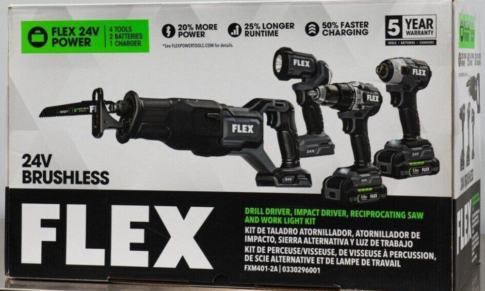Flex FXM401-2A Impact Driver, Recip Saw, Drill Driver & Work Light 4-Combo Kit