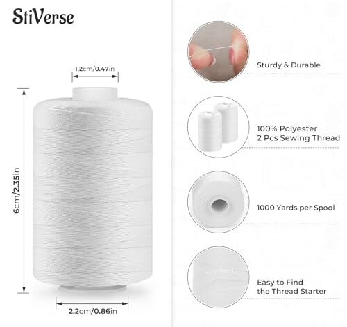 2PCS Thread for Sewing, 1000Yard White Sewing Thread, All Purpose Sewing