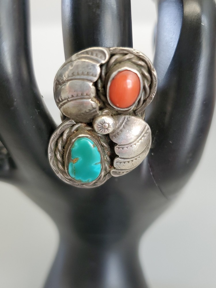 Native American Sterling Silver Turquoise & Coral Ring Size 7