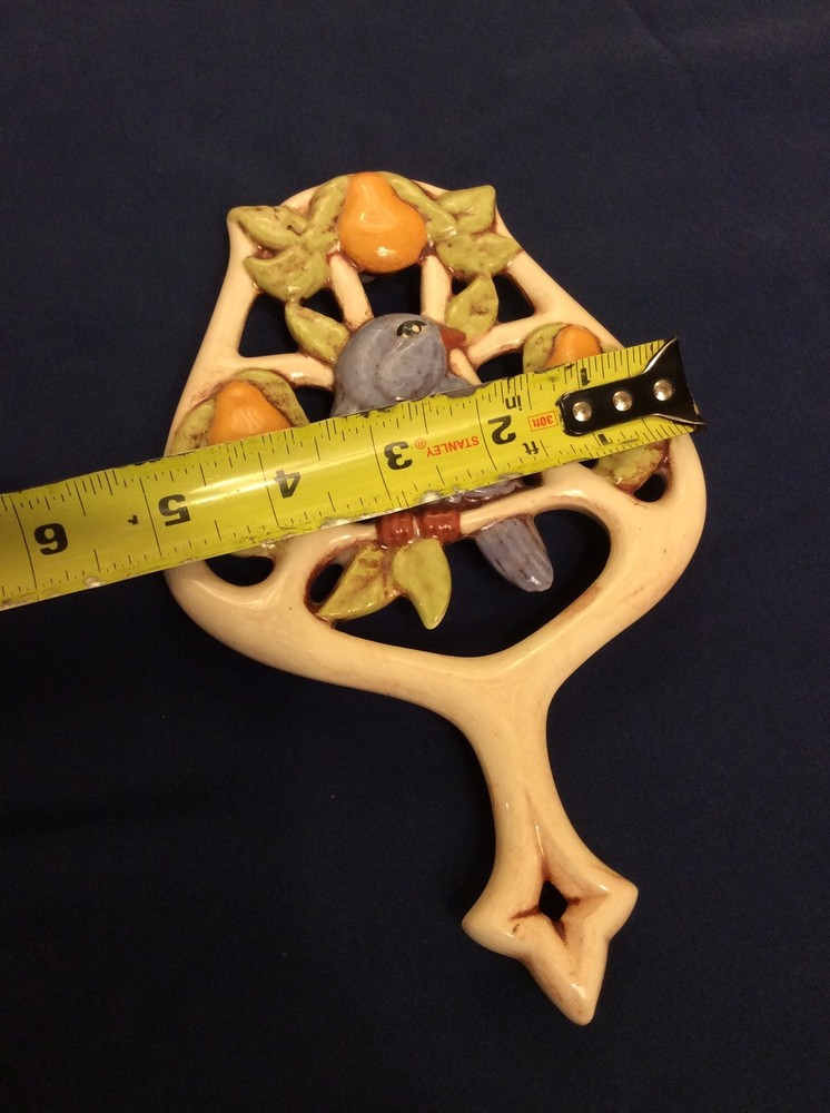 Ceramic Owl Pan Rest Trivet With Bluebird and Pear tree AA