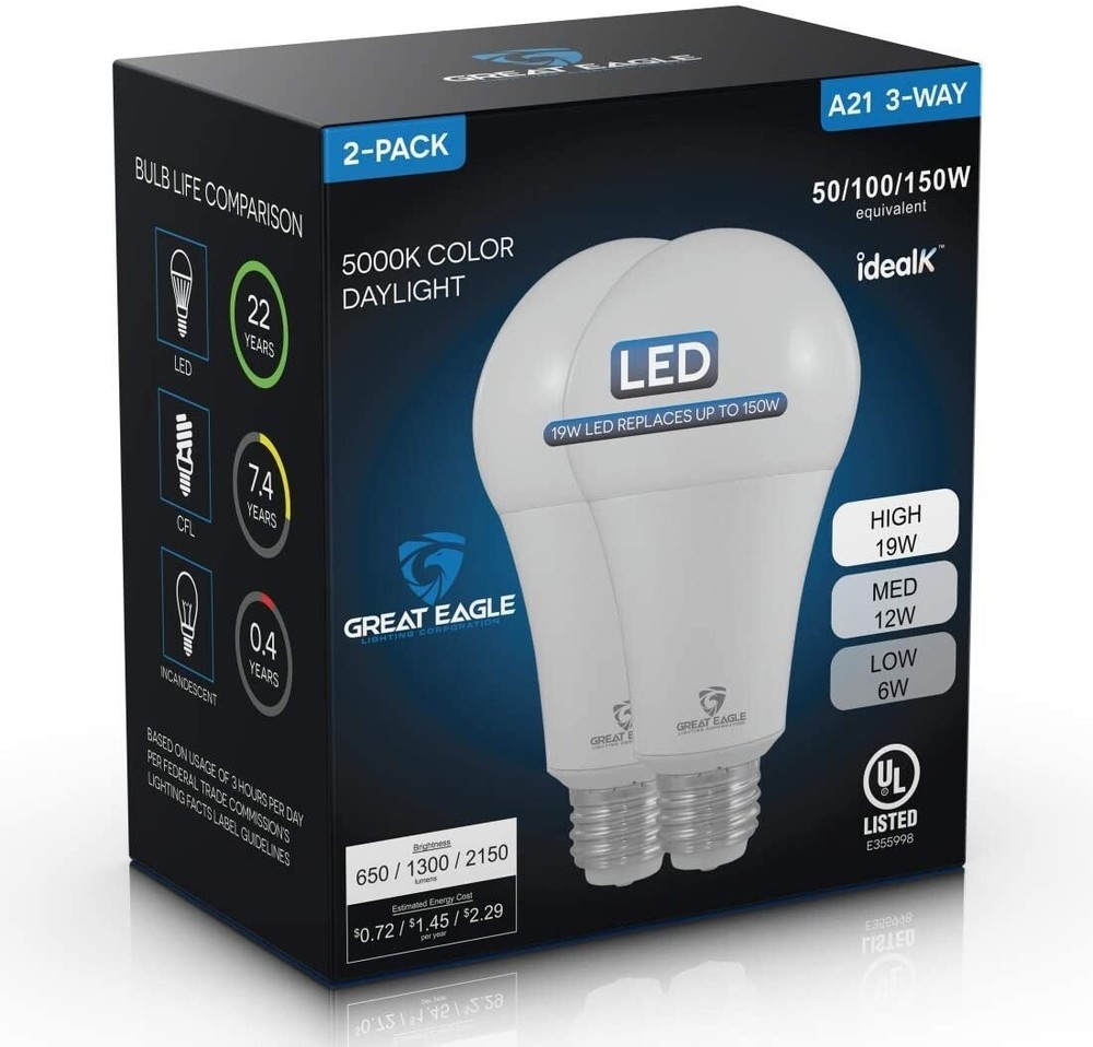 Great Eagle 50/100/150W Replacement 3-Way A21, 2700K/3000K/4000K (2 pk)