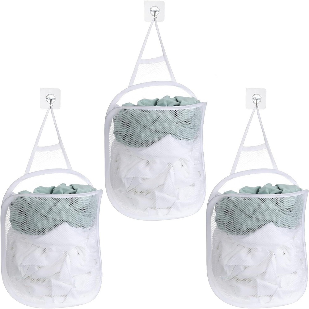 3 Pieces Hanging Laundry Hamper Bag to Hang Foldable Mesh White