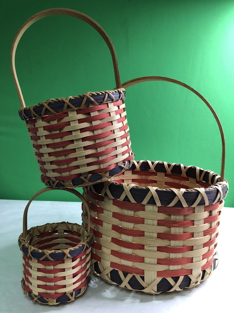 Set 3 Round Handled Woven Baskets Wood Nesting Large Medium Small Signed 2001