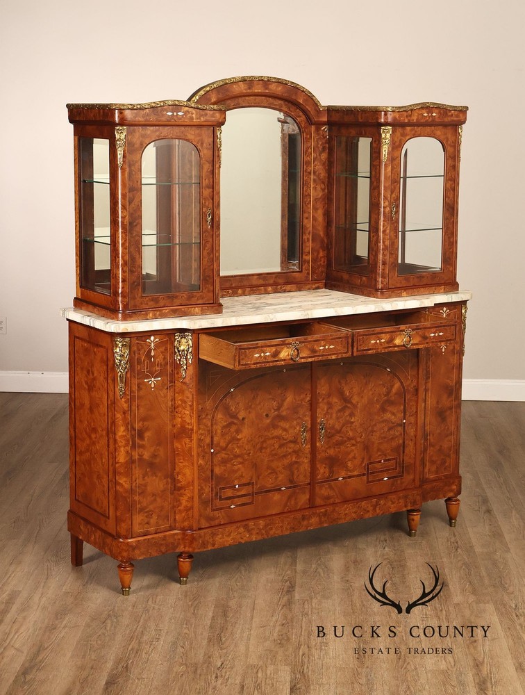Walnut Marble Top Sideboard With Display Cabinets