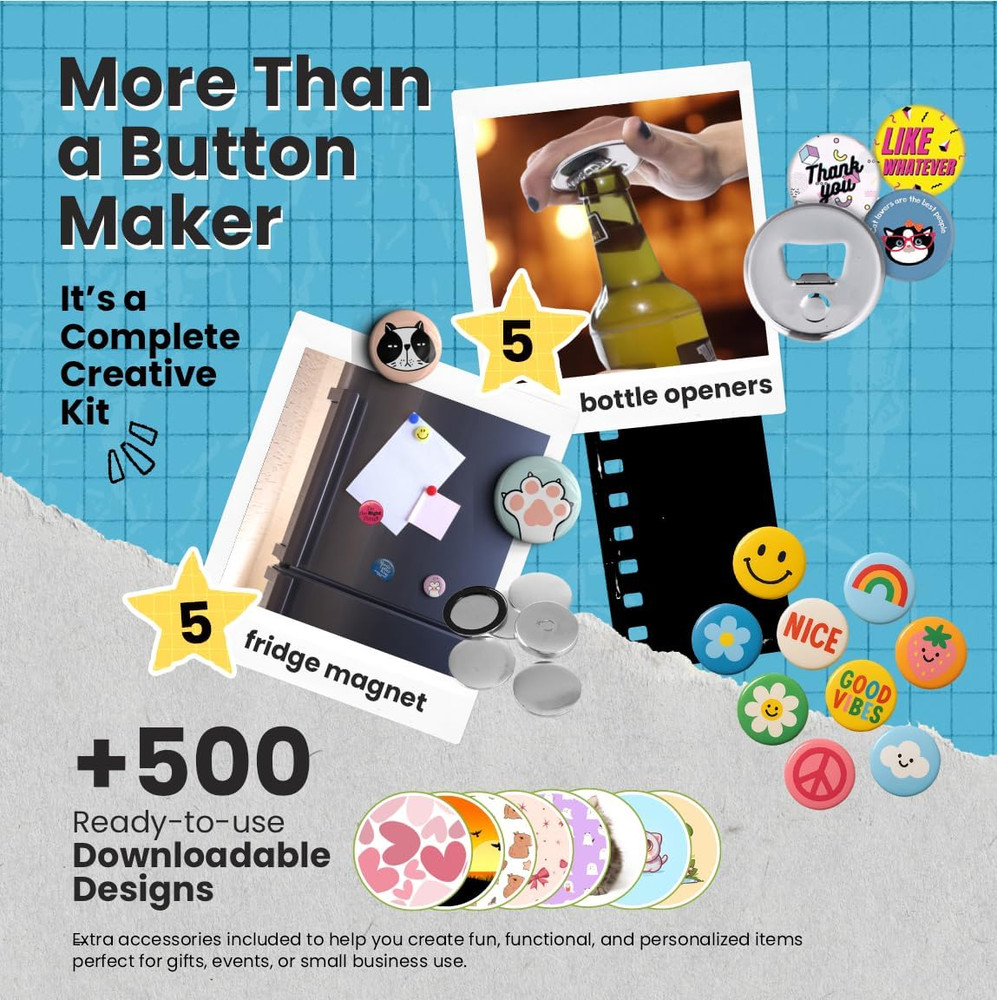 DIY Button Maker Kit - 2.25" Machine with 100 Buttons & Accessories - Red