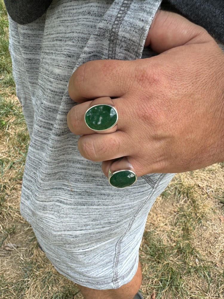 Large 18ct Genuine Emerald Gemstone Mens Real Solid 925 Silver Oval Signet Ring