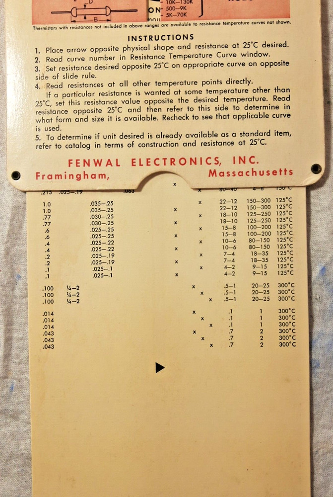 Fenwal Electronics Thermistor Data & Curve Computer Slide Rule 1959 VTG Science