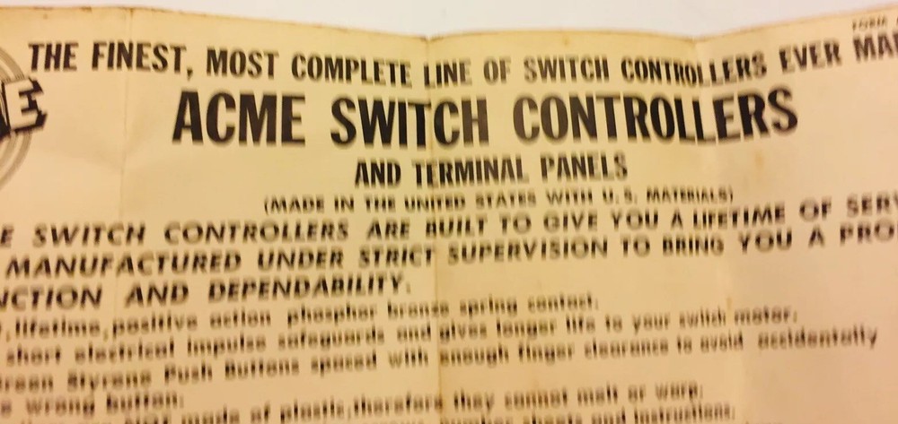 Vintage Acme Switch Controller Sales Sheet