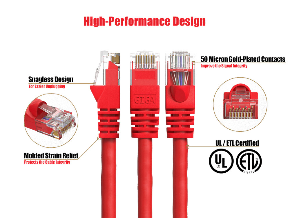 Cat6 UTP Ethernet Patch Cable 35ft Snagless 24AWG Bare Copper, Red
