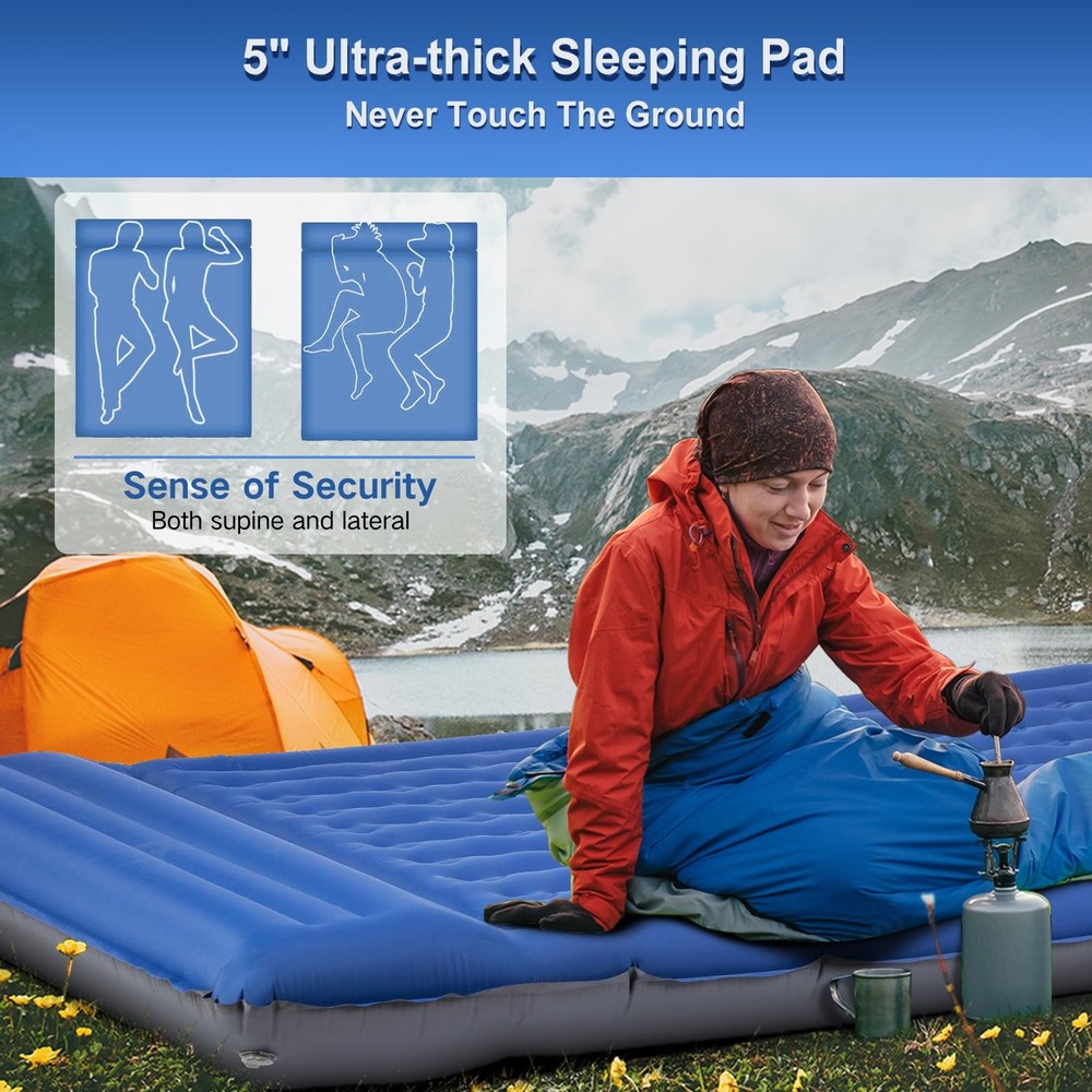 Double Sleeping Pad Camping, Self Inflating 6'' Extra-Thick 2 Person Pillow B...