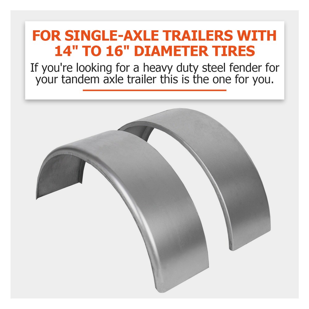 Pair of Steel Round Single Axle Trailer Fenders & Backs For 14" 15'' 16" Wheel